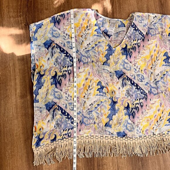 Chicos Linen Weave Poncho Cape Watercolor Paisley Crochet Fringe L/XL - Picture 10 of 13